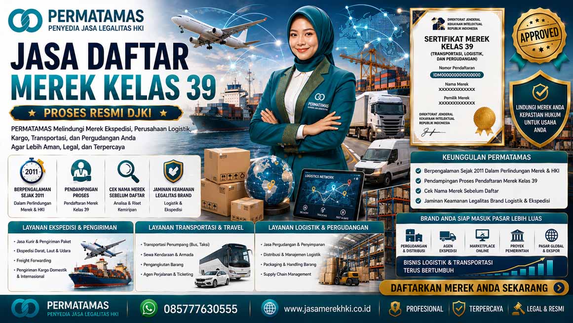 Jasa Pendaftaran Merek HAKI Kelas 39 Transportasi, Ekspedisi Pengiriman Barang, Logistik, Pergudangan, dan Travel Resmi PERMATAMAS